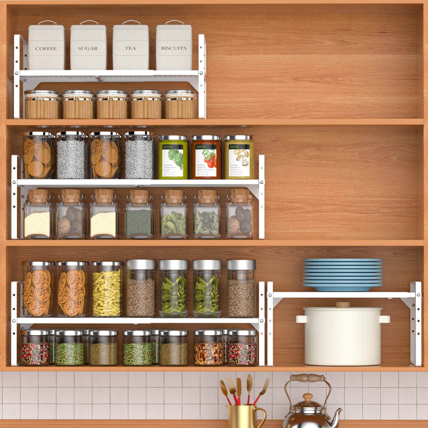 iPEGTOP Expandable Cabinet Storage Shelf Organizer Rack, Heavy Duty Steel Metal Spice Rack Adjustable Height Home Office Pantry Shelf Space for