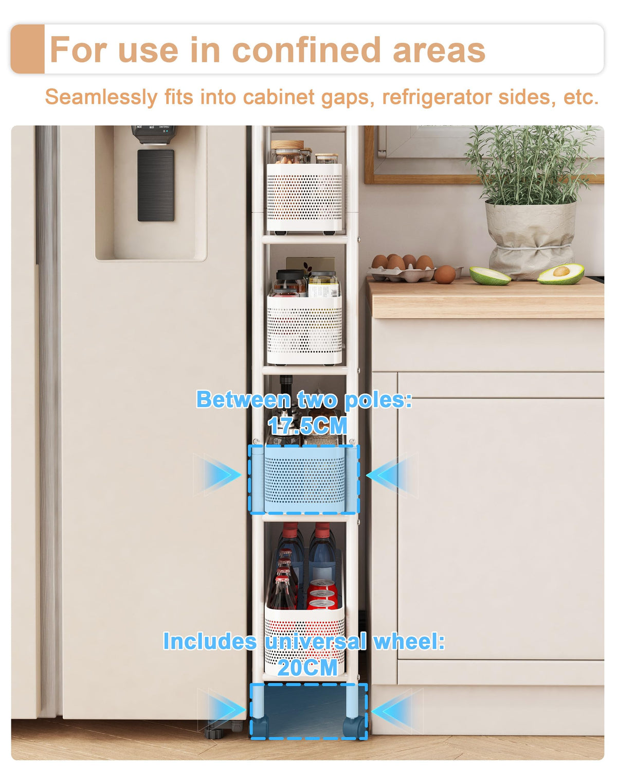 UMDONX Metal Kitchen Storage Trolley with Pull out Basket Narrow 5 Tier
