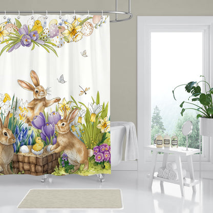 BREASOME Spring Easter Bunny Shower Curtain 180 x 180 cm Cute Rabbit Chicken Egg Floral Shower Curtain for Bathroom Decor Mould Proof Waterproof