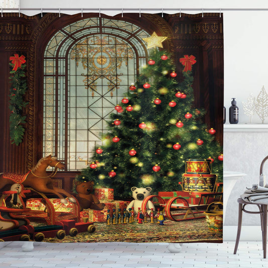 ABAKUHAUS Christmas Shower Curtain, Vintage Ambiance Big Old Fashioned Window Xmas Tree Various Presents, Cloth Fabric Bathroom Decor Set with Hooks,