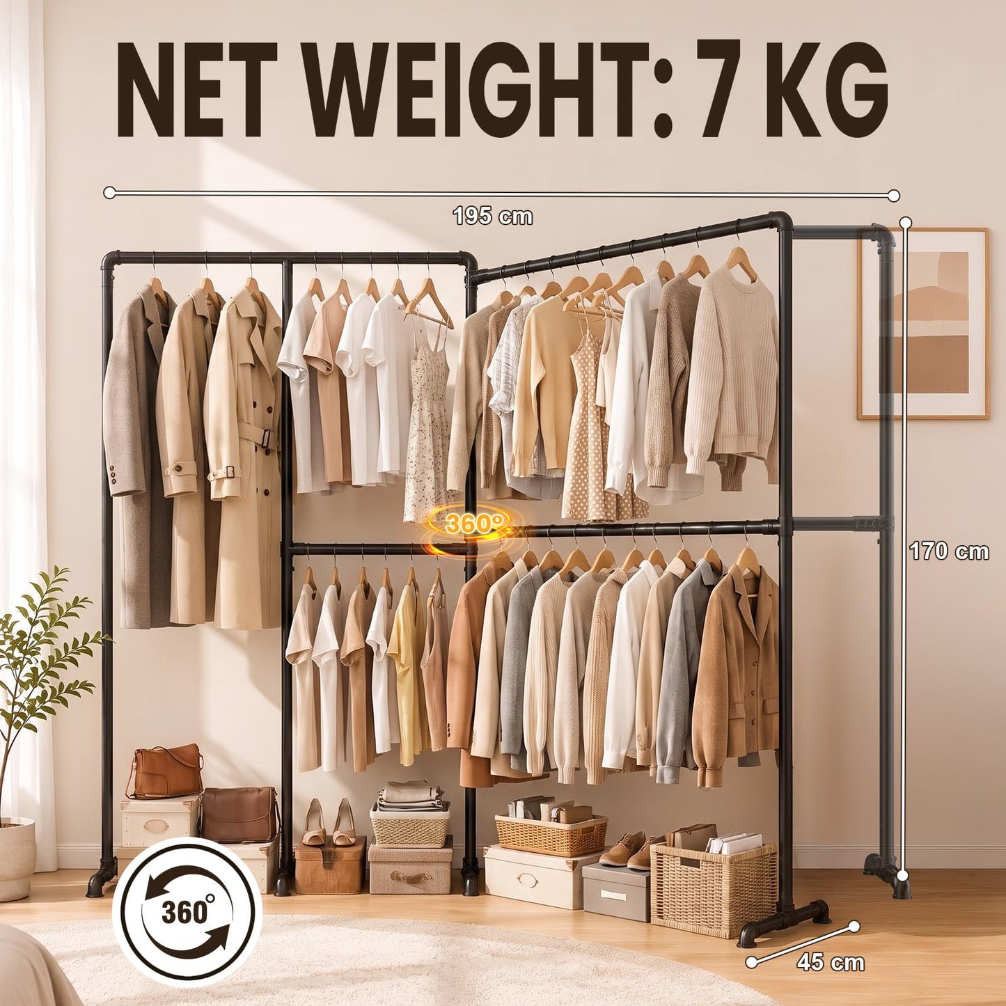 OPPAIYA Heavy Duty Clothes Rail, 195 x 170cm Adjustable Layout Corner Clothes Rack