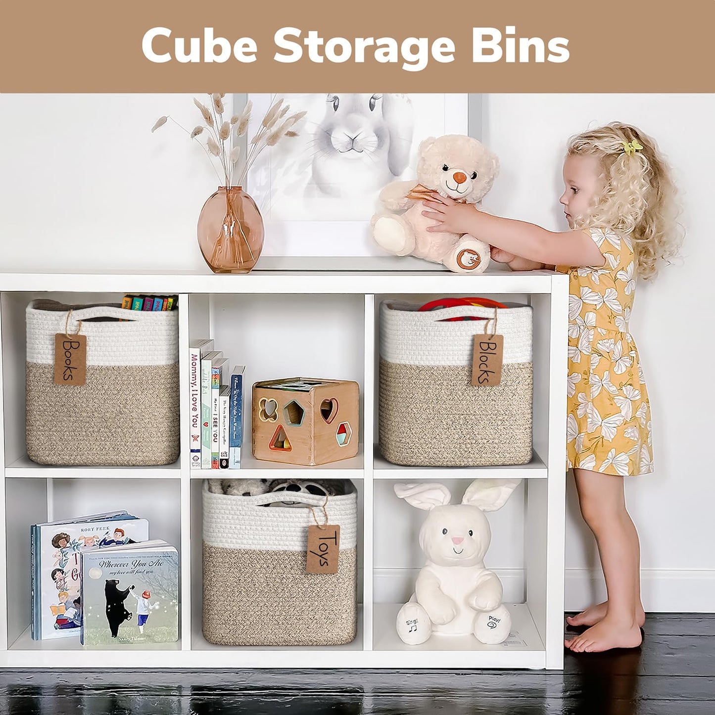 TIMEYARD 3 Pack Cube Storage Bins Rope Woven Basket for Shelves White Brown