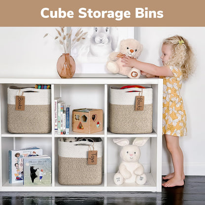 TIMEYARD 3 Pack Cube Storage Bins Rope Woven Basket for Shelves White Brown