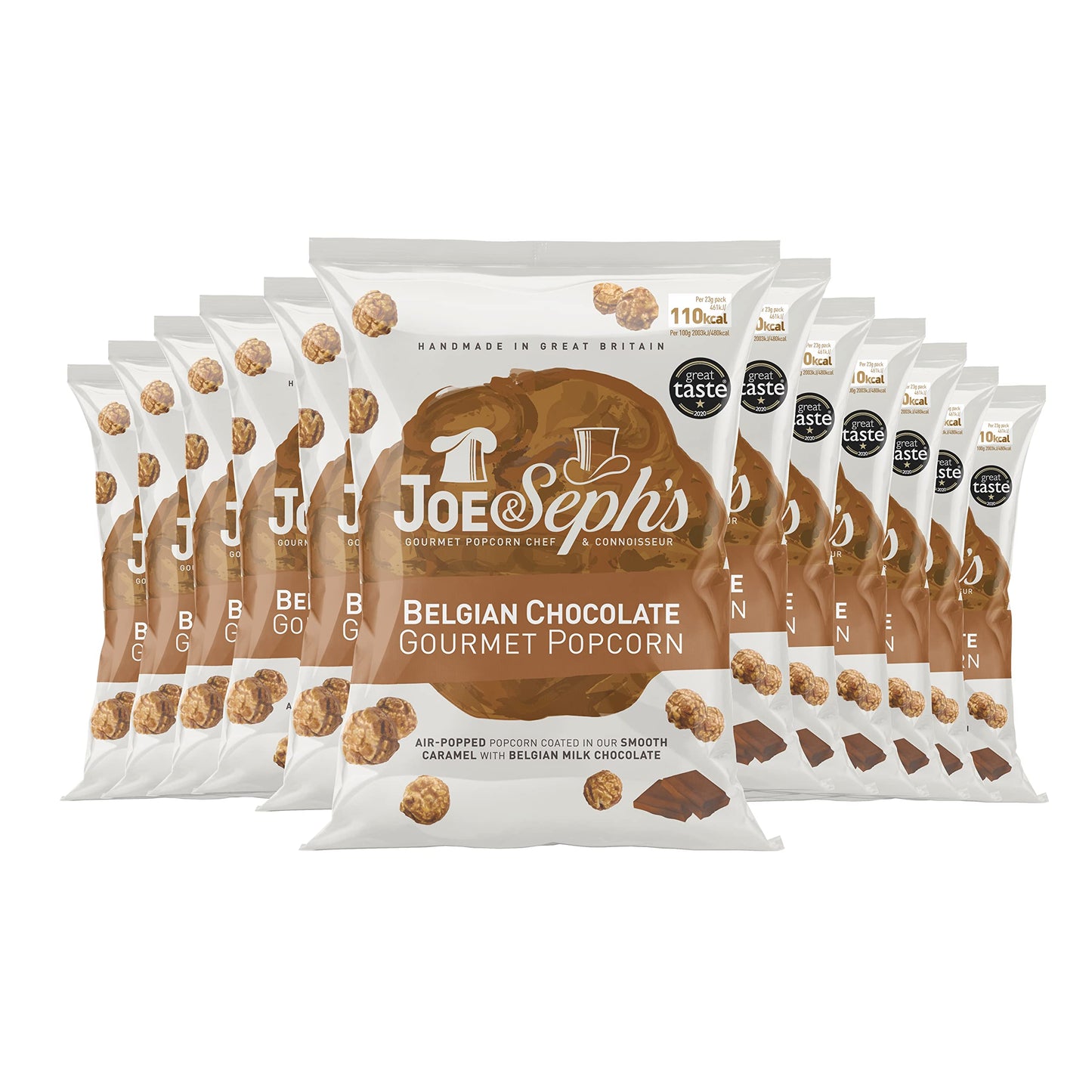 Joe & Seph's Belgian Chocolate & Caramel Popcorn (12x23g) | 1 Star Great Taste Award, gourmet popcorn, air-popped popcorn, popcorn bag, on the go