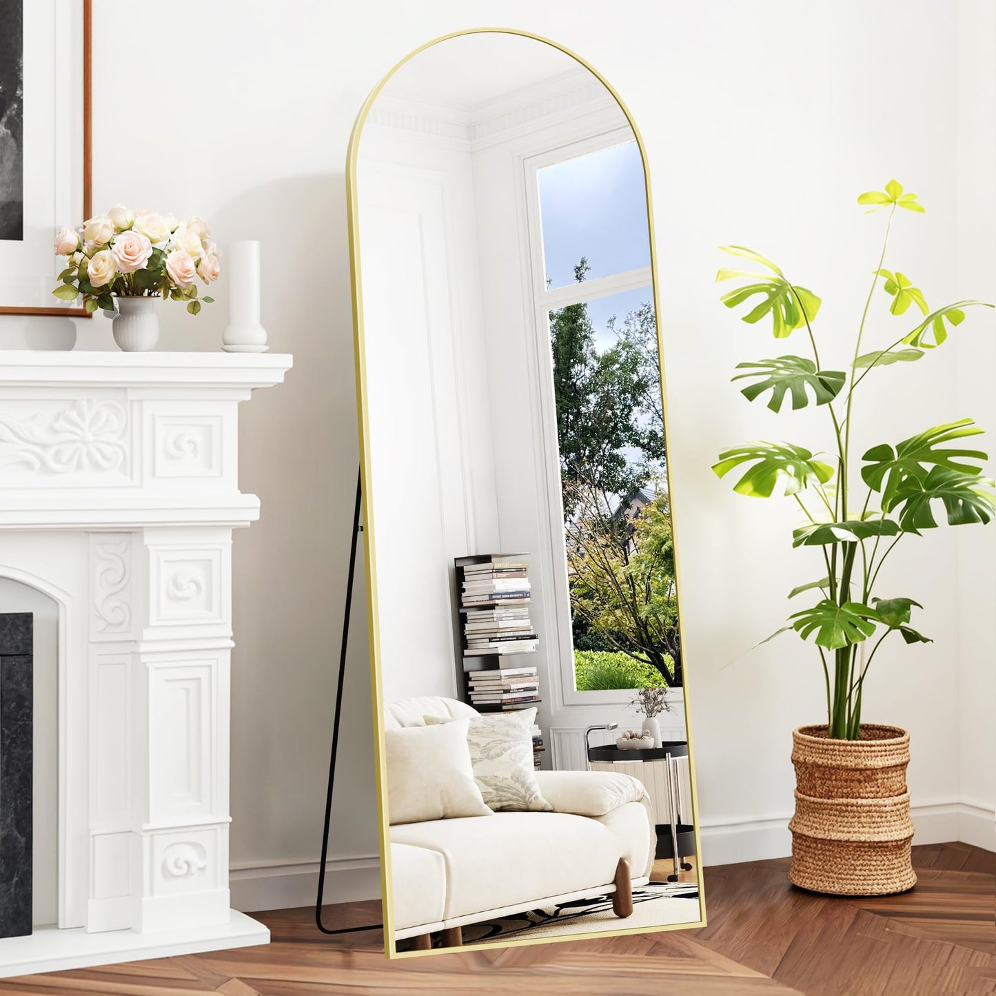 BONEWEI Arched Full Length Mirror, 161x52cm Full Body Free Standing Mirror Gold Aluminium Frame, Large Floor Mirror Standing Hanging or Leaning