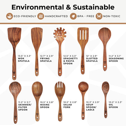 Wooden Spoons for Cooking, 10 Pcs Teak Wood Cooking Utensil Set - Wooden Kitchen Utensils for Nonstick Pans & Cookware - Study, Lightweight & Heat