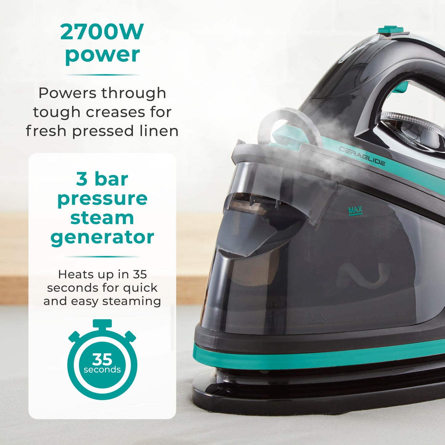 Tower T22023TL Ceraglide Steam Generator, Digital Display, 2700W, 1.2L, Teal