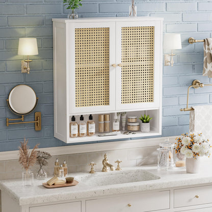 vovala Bathroom Wall Cabinet, Bamboo Over-The-Toilet Storage Organizer with 2 Rattan Doors and Adjustable Shelf