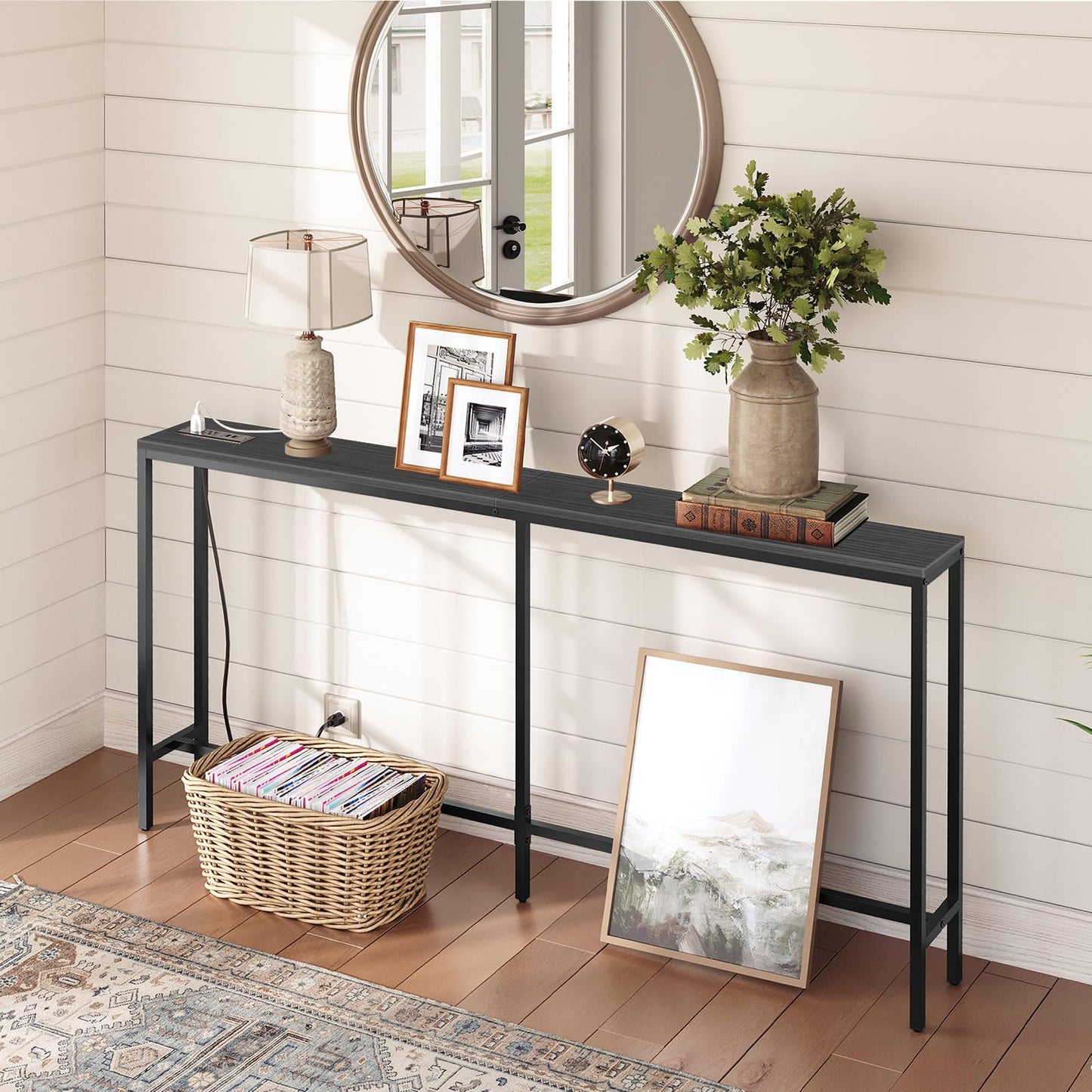 MAHANCRIS Skinny Console Table with Power Outlets, 160 cm Narrow Sofa Table, Behind Couch Table with Charging Station for Plants, Living Room