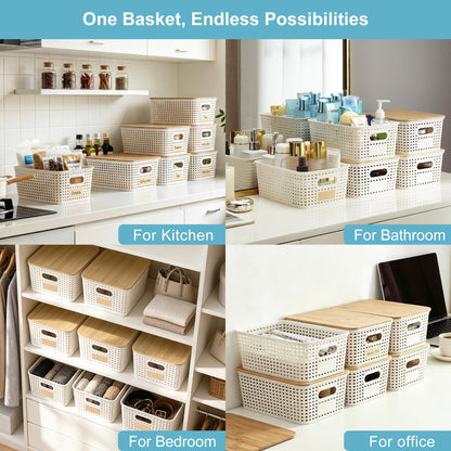 Bagnizer Small Plastic Storage Bins with Bamboo Lids, 5.2qt, 6 Packs