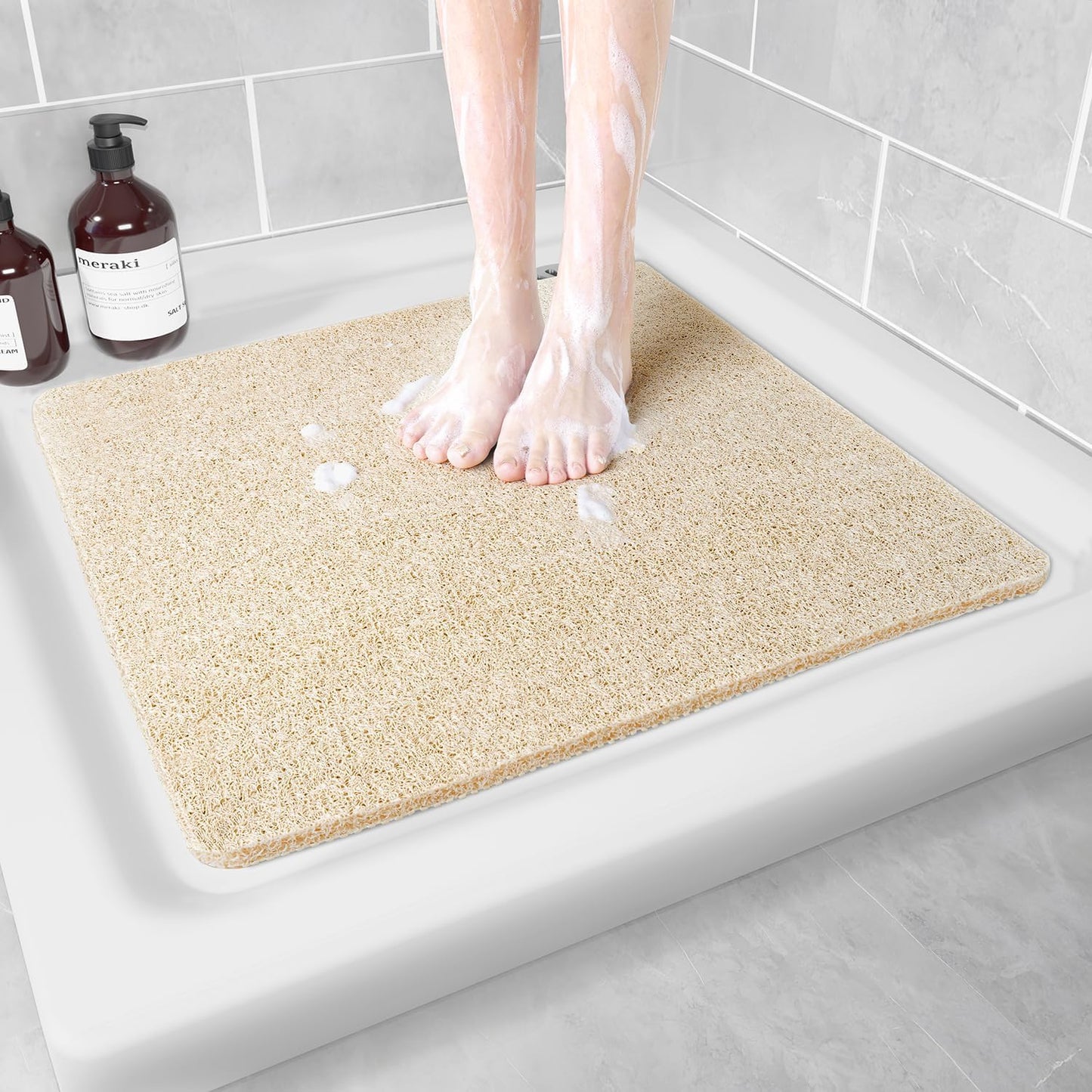 Shower Mat Non Slip Anti Mould: Bath Mats for Inside Bath- 80 x 80 cm Anti Slip Shower Mats for Inside Shower- Loofah Shower Mat Beige Square Washable