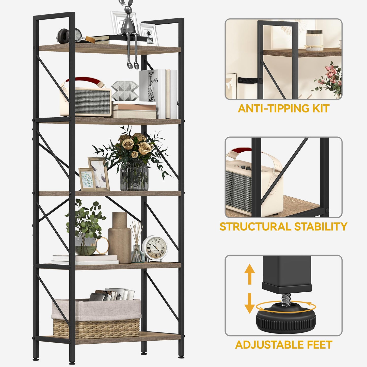 DWVO 5 Tiers Book Shelf, Wood and Metal Bookcase Storage Organizer, Industrial Bookshelf Tall Shelving Unit Display Rack for Living Room Kitchen