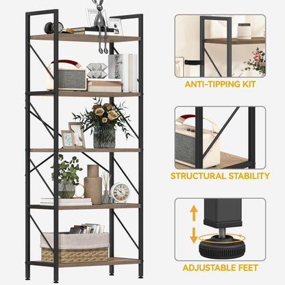 DWVO 5 Tiers Book Shelf, Wood and Metal Bookcase Storage Organizer, Industrial Bookshelf Tall Shelving Unit Display Rack for Living Room Kitchen
