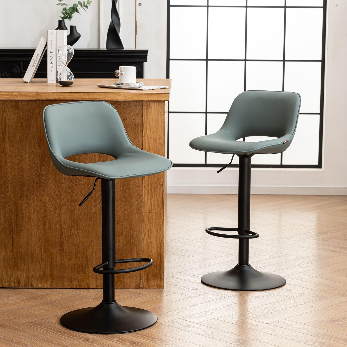 YOUNIKE Bar Stools Set of 2 Modern Swivel Barstools, Adjustable Counter Height Bar Chairs Faux Leather Upholstered Counter Stools with Hollow Back
