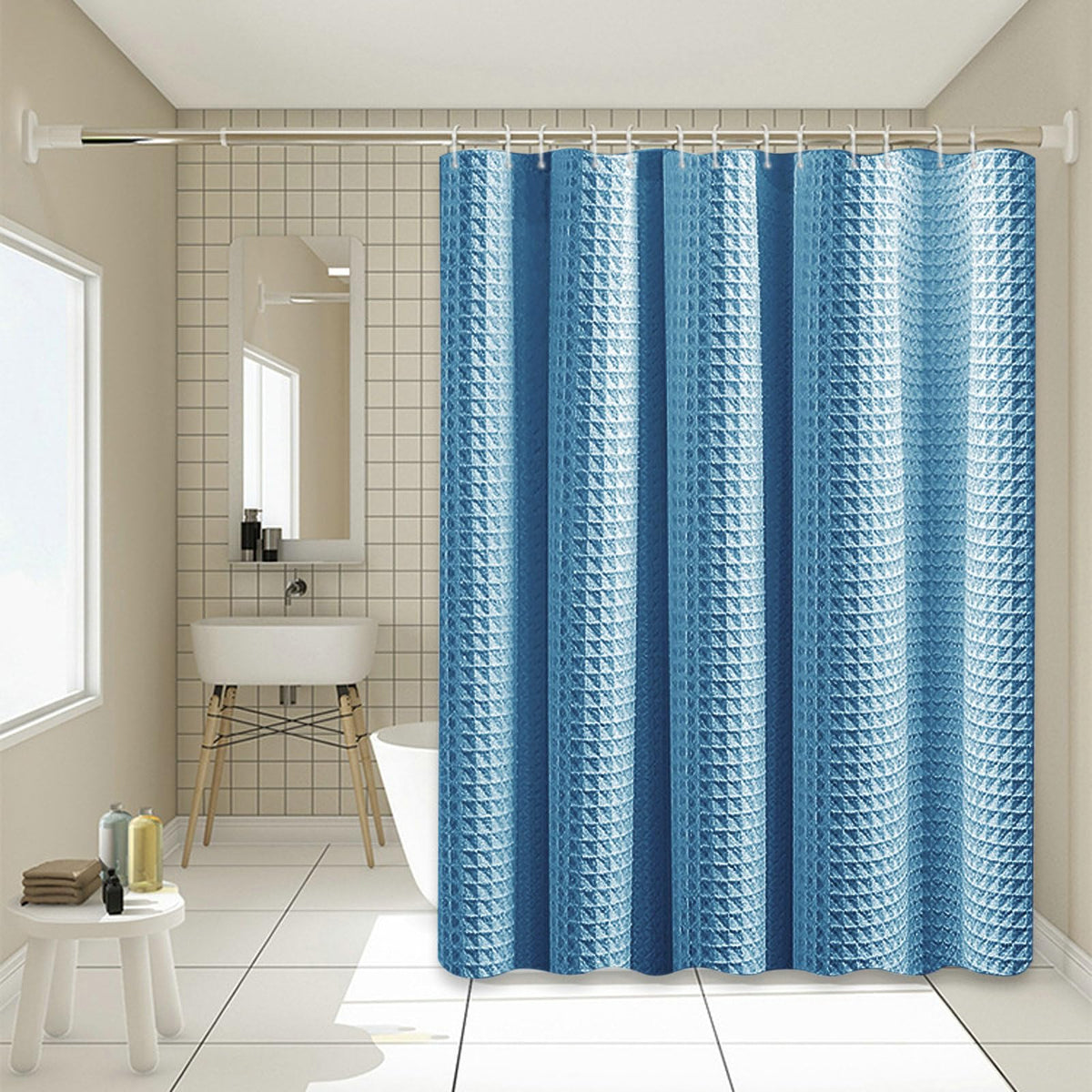 Stfery Shower Curtain Waffle Look Bath Curtain 180 x 180 cm Bathroom Curtains Waterproof Shower Curtain Anti-Mould