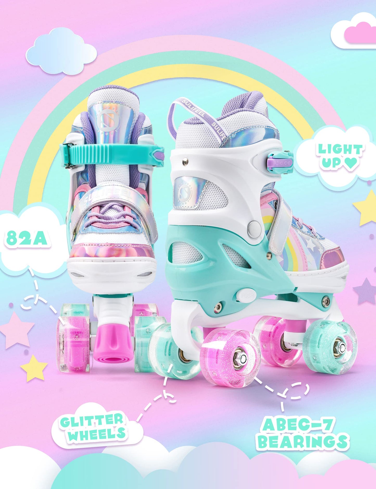 SULIFEEL Rainbow Unicorn 4 Size Adjustable Light up Roller Skates for Girls Boys for Kids - Large 2-5 UK