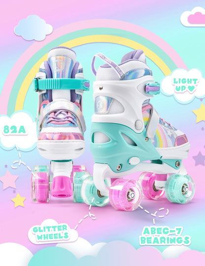 SULIFEEL Rainbow Unicorn 4 Size Adjustable Light up Roller Skates for Girls Boys for Kids - Large 2-5 UK