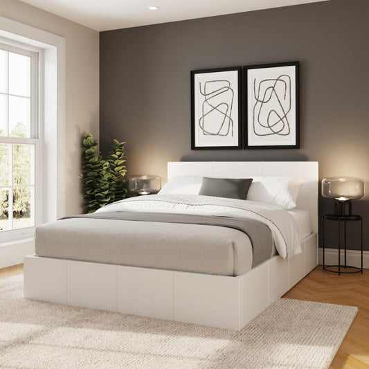 GFW Classic Leather Upholstered Ottoman Storage Bed With Gas Side Lift & Under Bed Storage, Small Double, White