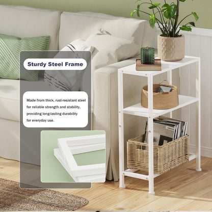 Vantimo Narrow Side Table, 3-Tier Small Shelving Unit, Slim Bedside Table for Small Space, Living Room, Bedroom, Sofa, Couch (White)