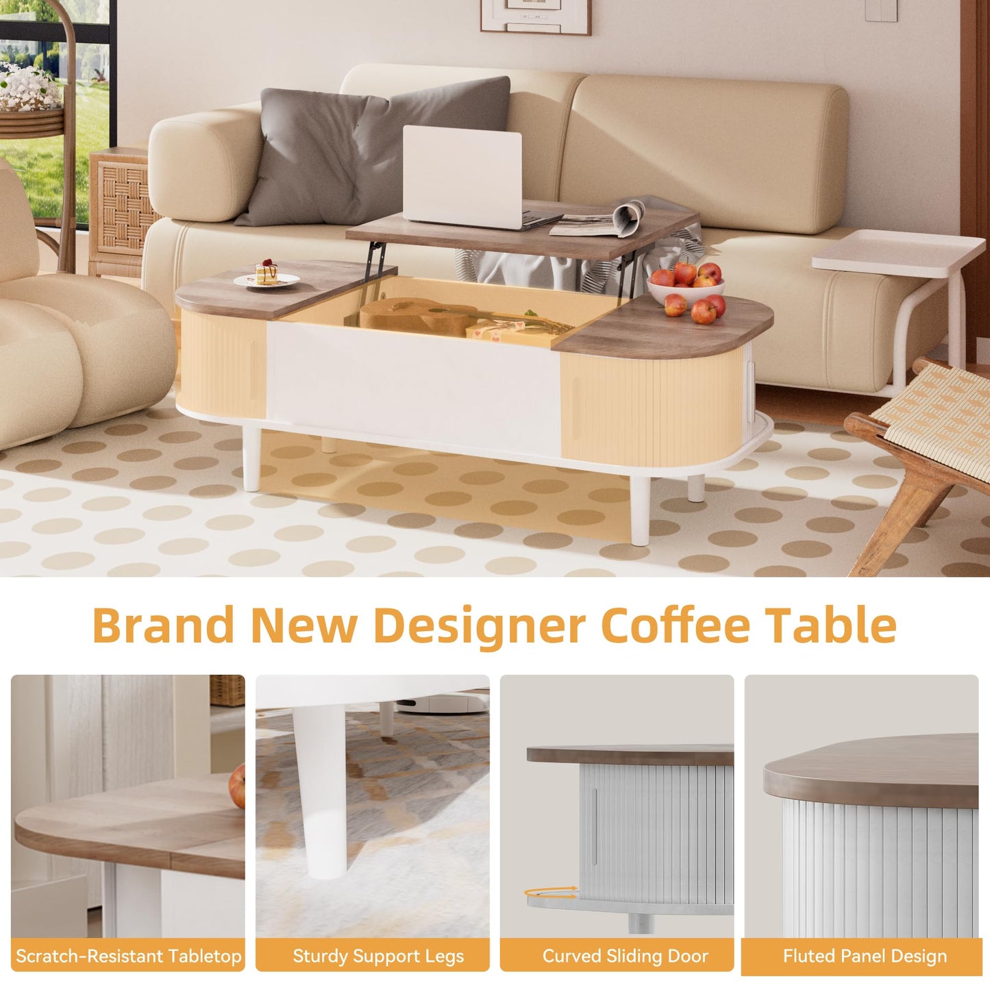 PURFINO Coffee Table with Lift Top - Wooden Modern Centre Table with Unique Textured & Hidden Storage, for Living Room, Bedroom, Small Space