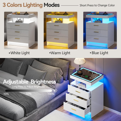 Gurexl LED Bedside Table with Glass Top and 3 IN 1 Charging Station,White