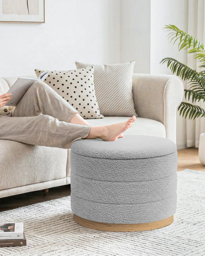Bonlife Round Chenille Storage Ottoman, Folding Footstool with Table Top, 58x58x44cm, Load Capacity 150kg, for Living Room Bedroom Hallway