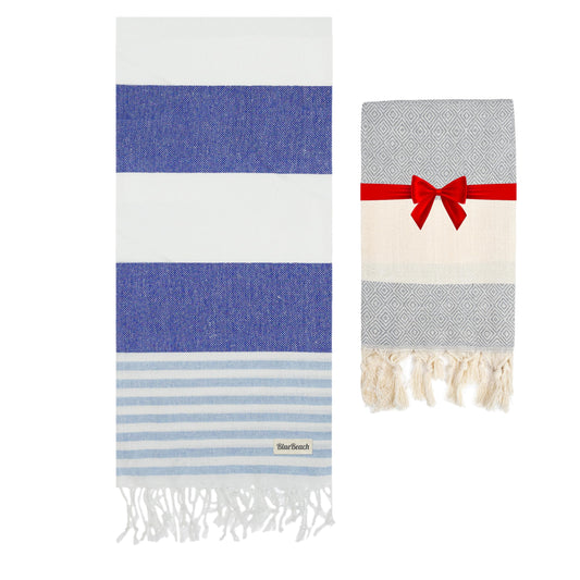 Blue Beach Turkish Towel - Travel Towel100x180cm Large Turkish Hammam Peshtemal - Super Absorbent, Quick Dry, Sand Free, Lightweight, Compact Towels