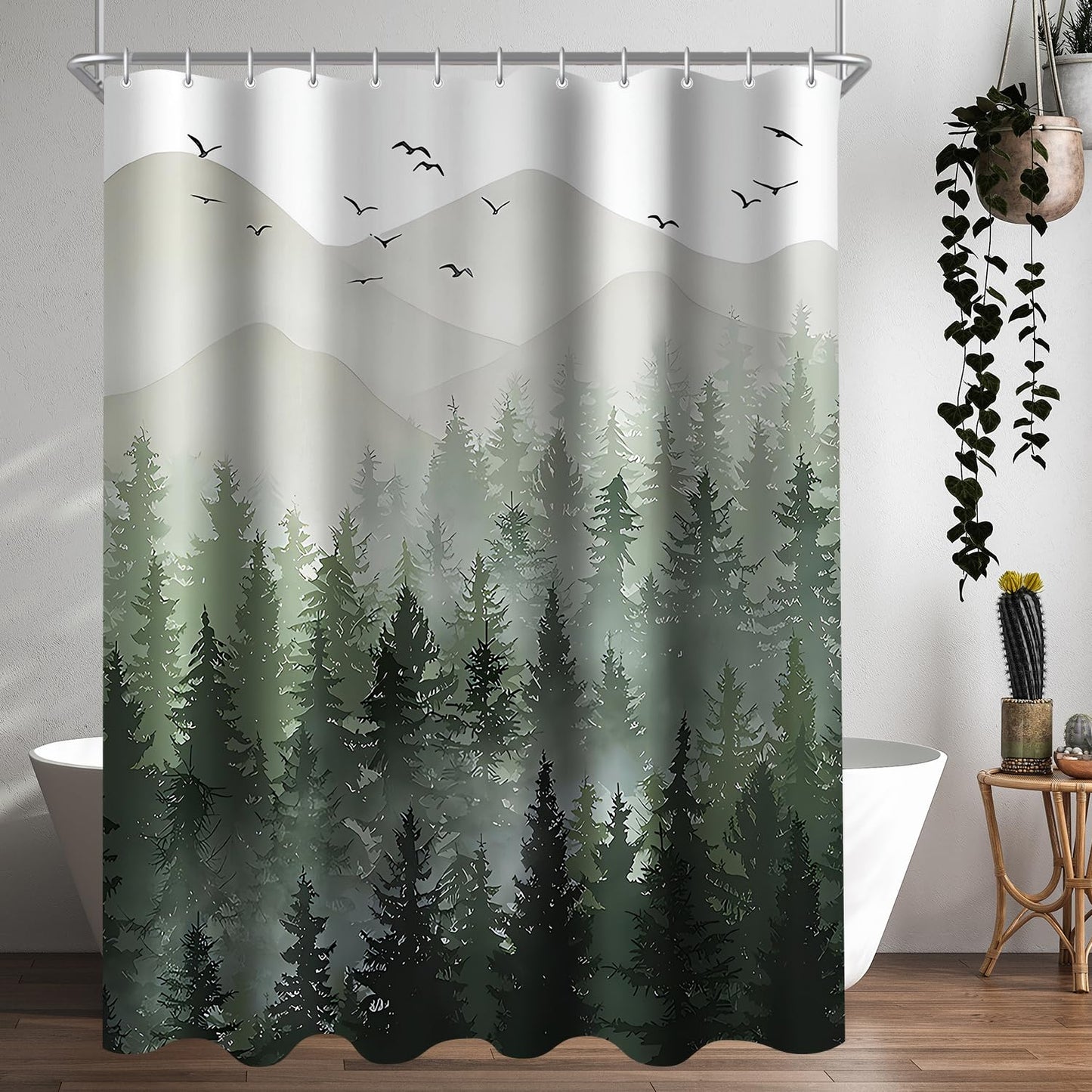 Lerores Shower Curtain 140 x 200 cm, Forest Anti-Mould Textile, Weighted Hem, Water-Repellent