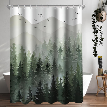 Lerores Shower Curtain 140 x 200 cm, Forest Anti-Mould Textile, Weighted Hem, Water-Repellent