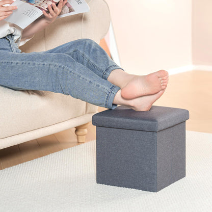 Bonlife Grey Small Ottoman Storage Box with Lid,Foot Rest Stool with Storage,Linen Toy Chest Box,Folding Footstool Cube Seat for Living Room 11.8"