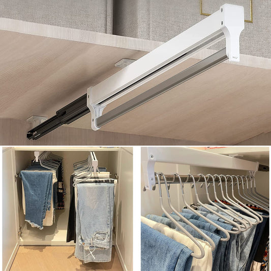 Pull Out Clothes Rail, Adjustable Pull Out Hanger Rail Rod for Wardrobe Trousers Clothing Storage, Space Saving, Load 25kg (White 447mm)