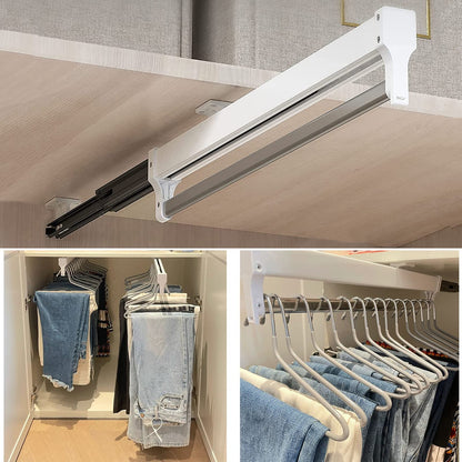 Pull Out Clothes Rail, Adjustable Pull Out Hanger Rail Rod for Wardrobe Trousers Clothing Storage, Space Saving, Load 25kg (White 397mm)
