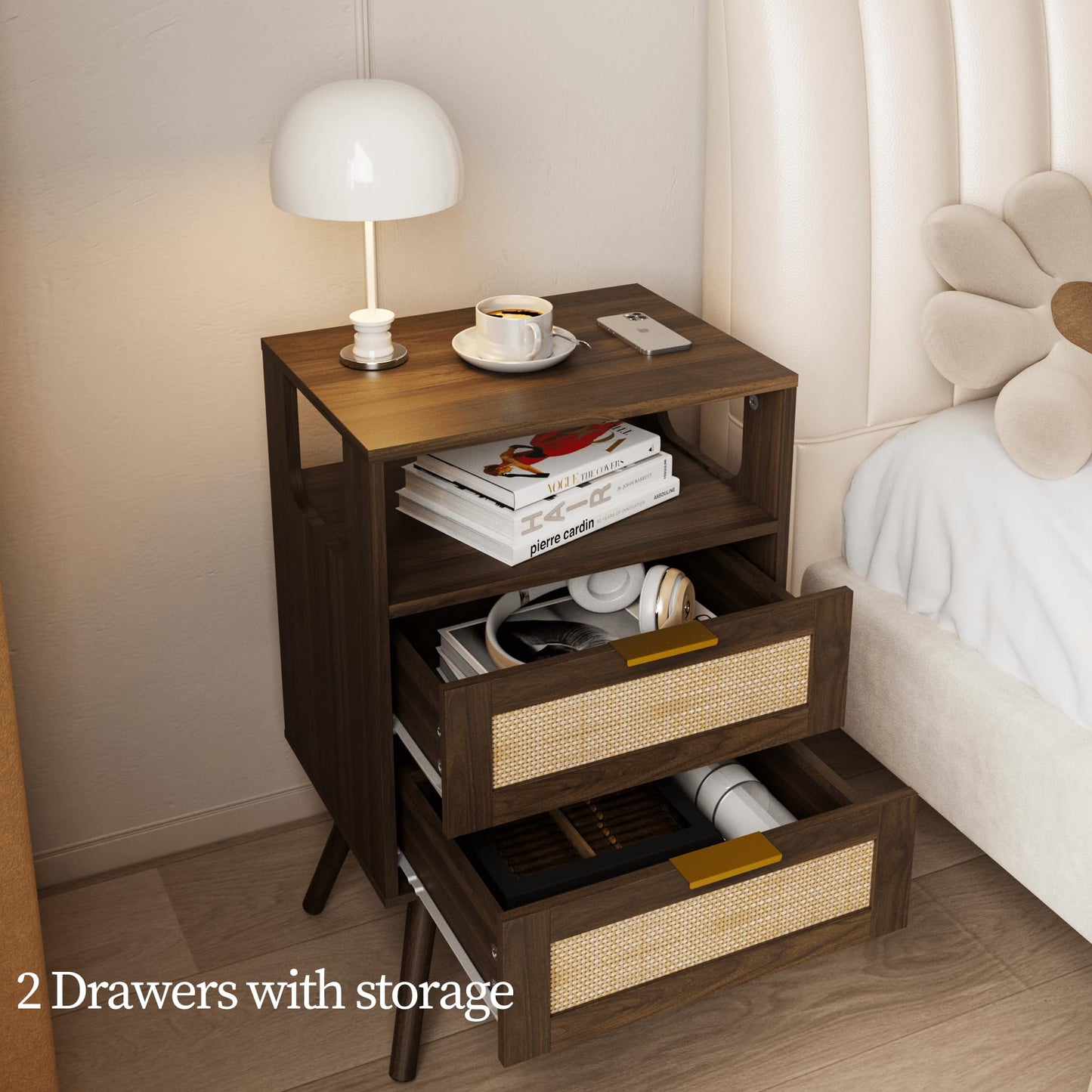 JERX Rattan Bedside Table, Farmhouse Nightstand with 2 Storage Drawer and Open Wood Shelf, for Bedroom and Small Spaces