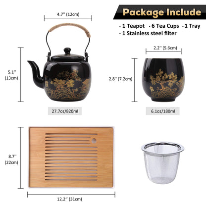 Dujust Japanese Tea Set, Black Porcelain Tea Set with 1 Teapot Set, 6 Tea Cups, 1 Tea Tray, 1 Stainless Infuser, Beautiful Asian Tea Set for Tea
