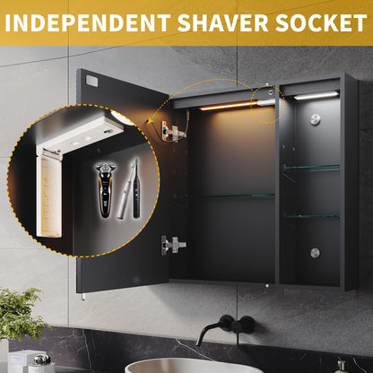 ELEGANT 800x600mm LED Bathroom Mirror Cabinet with Shaver Socket Black Mirrored Cabinet with Three-Color Infinitely Dimmable Wall Mounted Mirror