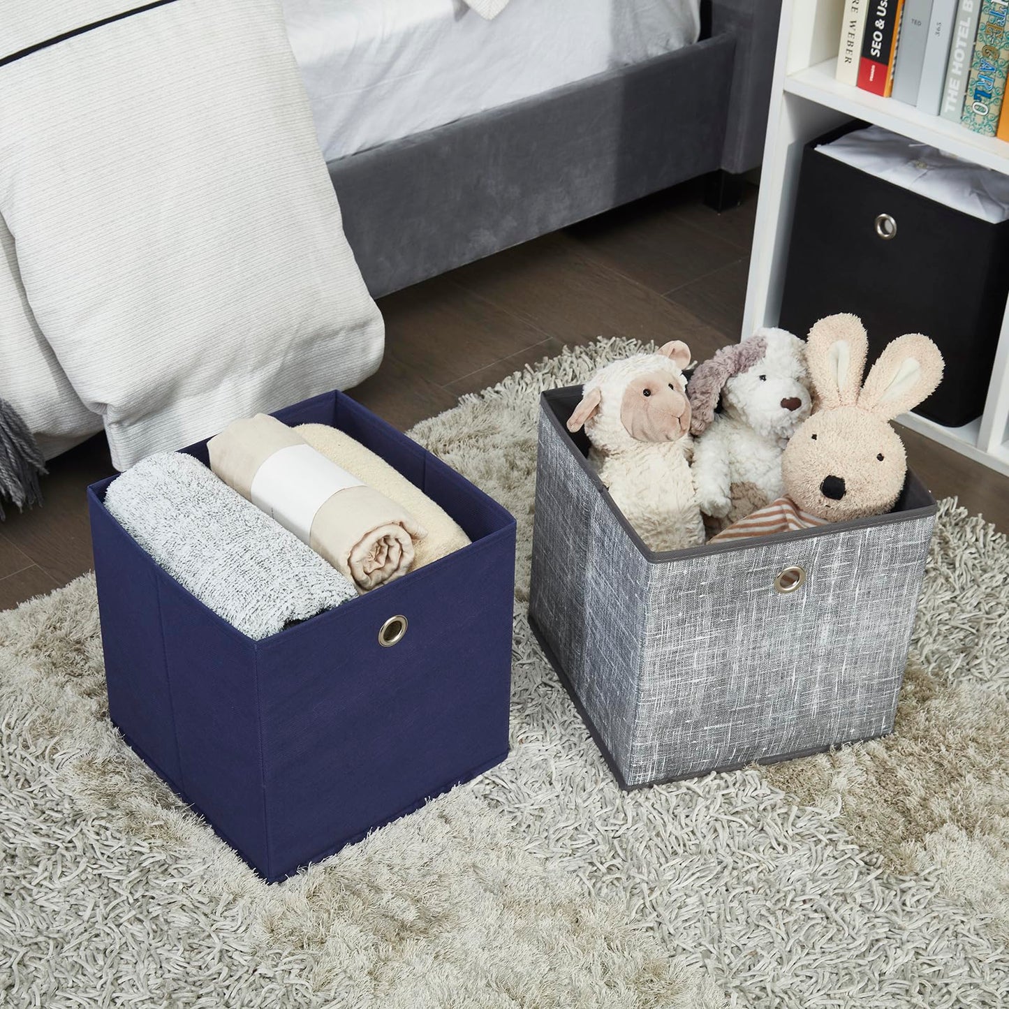 Webeasy Square Navy Canvas Fabric Storage Box, Pack of 6 Eyelet Cube Foldable Open Bins for Home Office Nursery Organisation,28X28X28(CM)