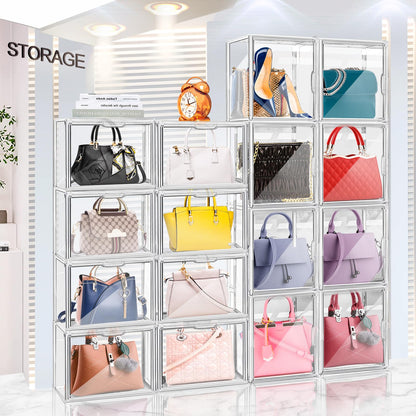 LINYAPRY Set of 4 Plastic Purse Storage Organizer for Closet, Acrylic Display Case for Purse and Handbag, Stackable Storage Boxes Organizer with