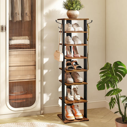 HOOBRO Shoe Rack Wooden, Tall Shoe Rack, Narrow Shoe Storage Organizer with 2 Hooks, Slim Narrow Shelf, Vertical Tower for Entrance, Living Room