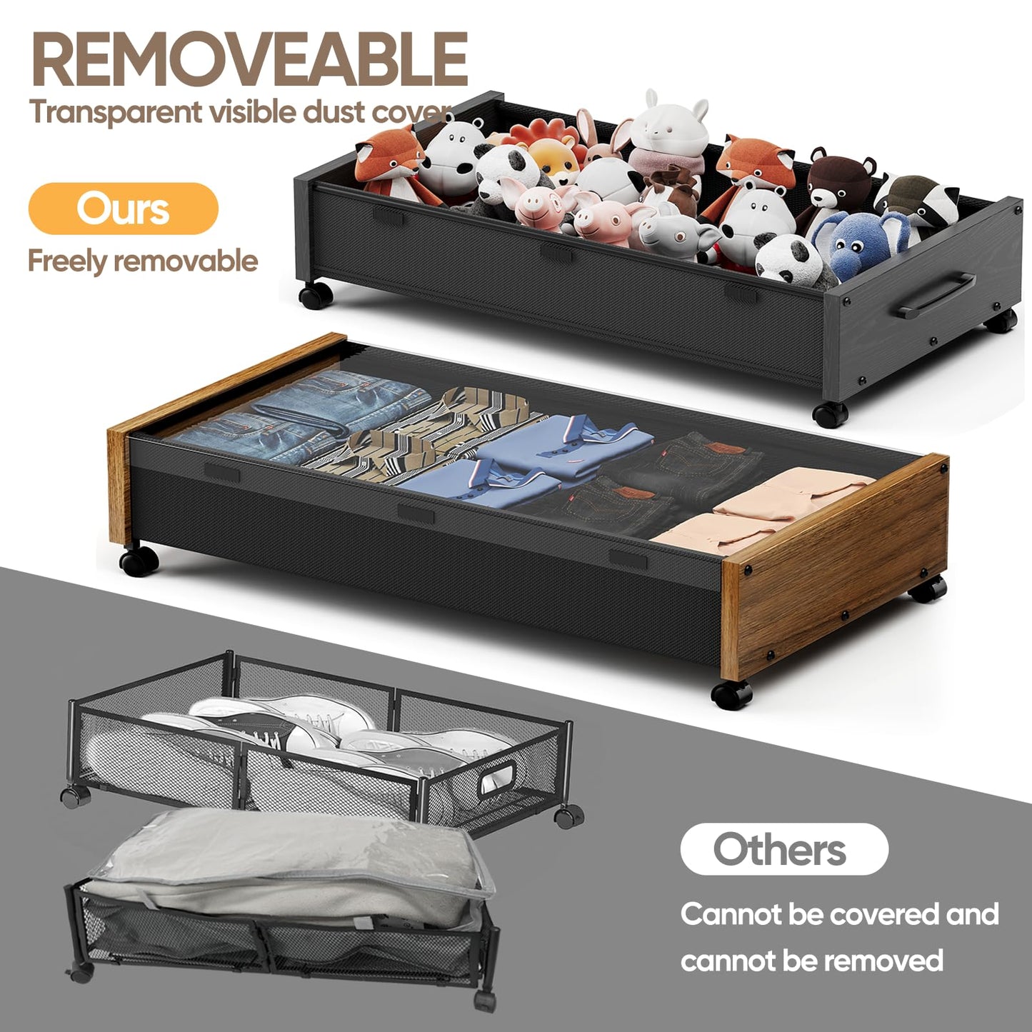 JSHNE Wooden UnderBed Storage with Wheels, 80L Extra-large Rolling Under the Bed Storage Bins 2 Pack with Removable Lid