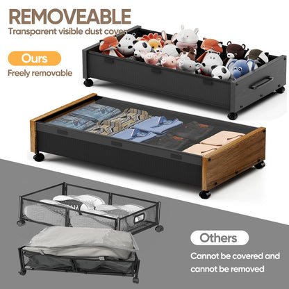JSHNE Wooden UnderBed Storage with Wheels, 80L Extra-large Rolling Under the Bed Storage Bins 2 Pack with Removable Lid