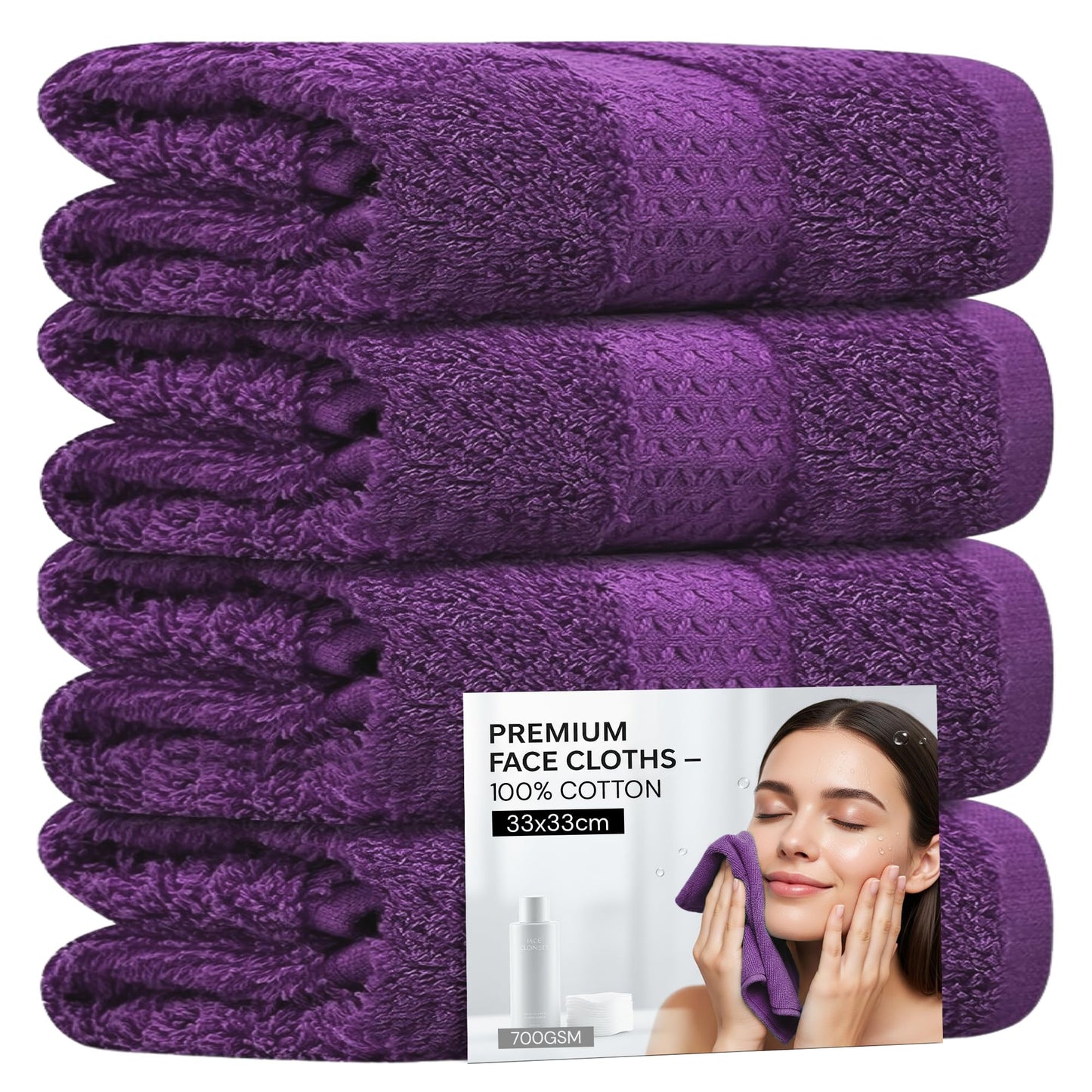 Towelogy? 4 Pack Face Cloths ? 100% Combed Cotton Flannels 33x33cm ? Soft Facial Towels for Cleansing, Makeup Removal & Skincare (4, Purple)