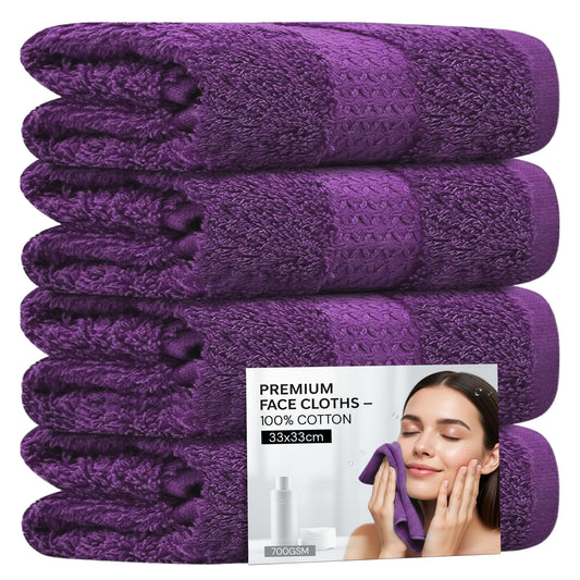 Towelogy? 4 Pack Face Cloths ? 100% Combed Cotton Flannels 33x33cm ? Soft Facial Towels for Cleansing, Makeup Removal & Skincare (4, Purple)