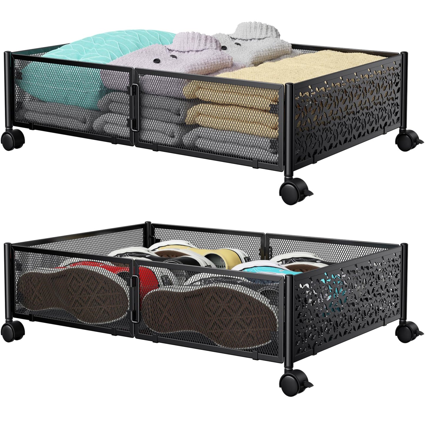 PHINOX Under Bed Storage Box on Wheels, Metal, Black, 2 Pack