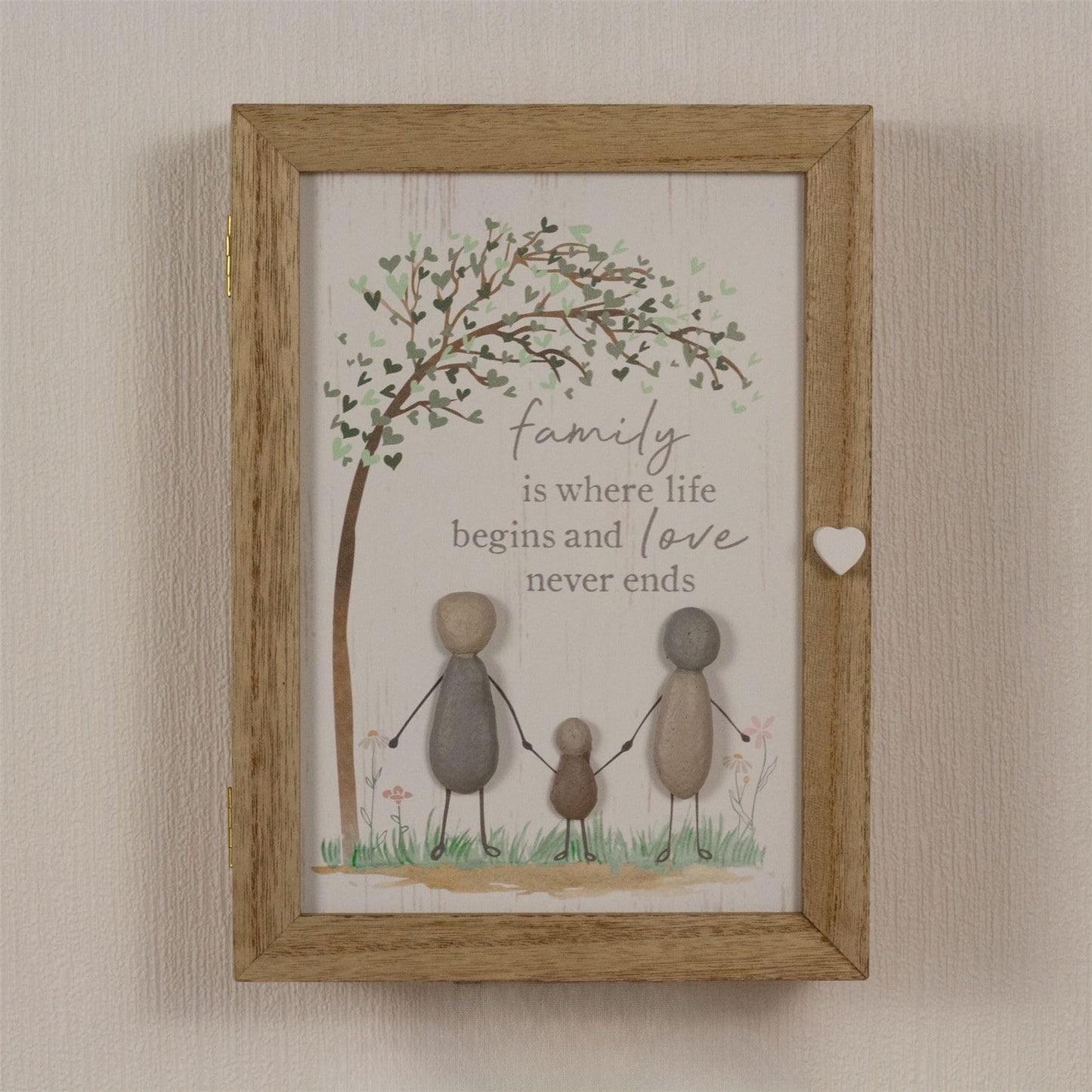 Carousel Home Pebble Family Key Box | Shabby Chic Wooden Family Tree Key Cabinet | Wall Mounted Key Cupboard With 6 Key Hooks Key Holder - 19x26cm