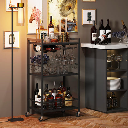 TUTOTAK Drinks Trolley, Bar Cart with 3-Tier Shelf, Serving Trolley with Wine Rack, Glass Holder, Rolling bar cart for the Home, Living Room