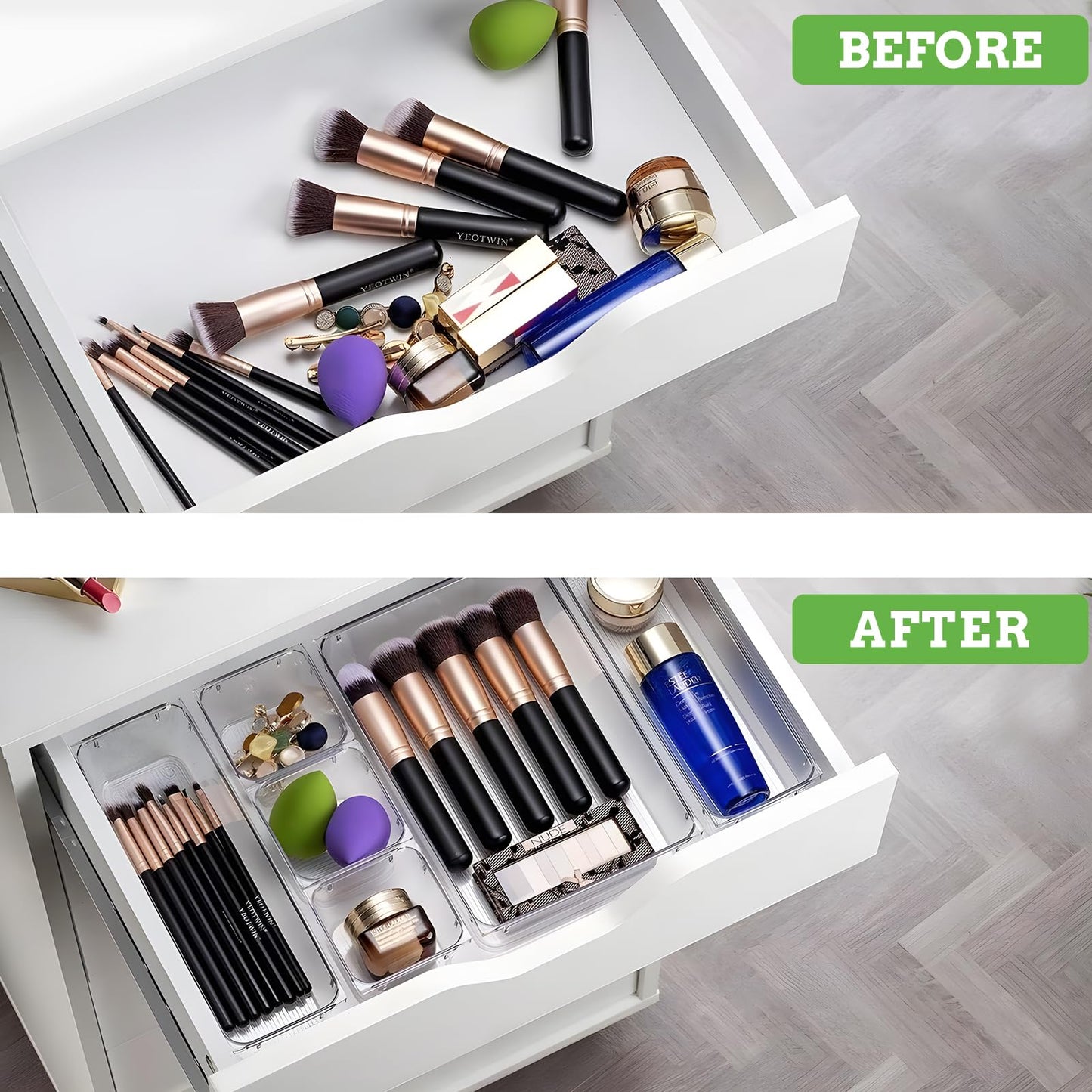 Desk Drawer Organiser, 6 Pack Large Kitchen Acrylic Drawer Storage Box Set Fridge Organiser Clear Plastic Dressing Table for Utensils Makeup Office