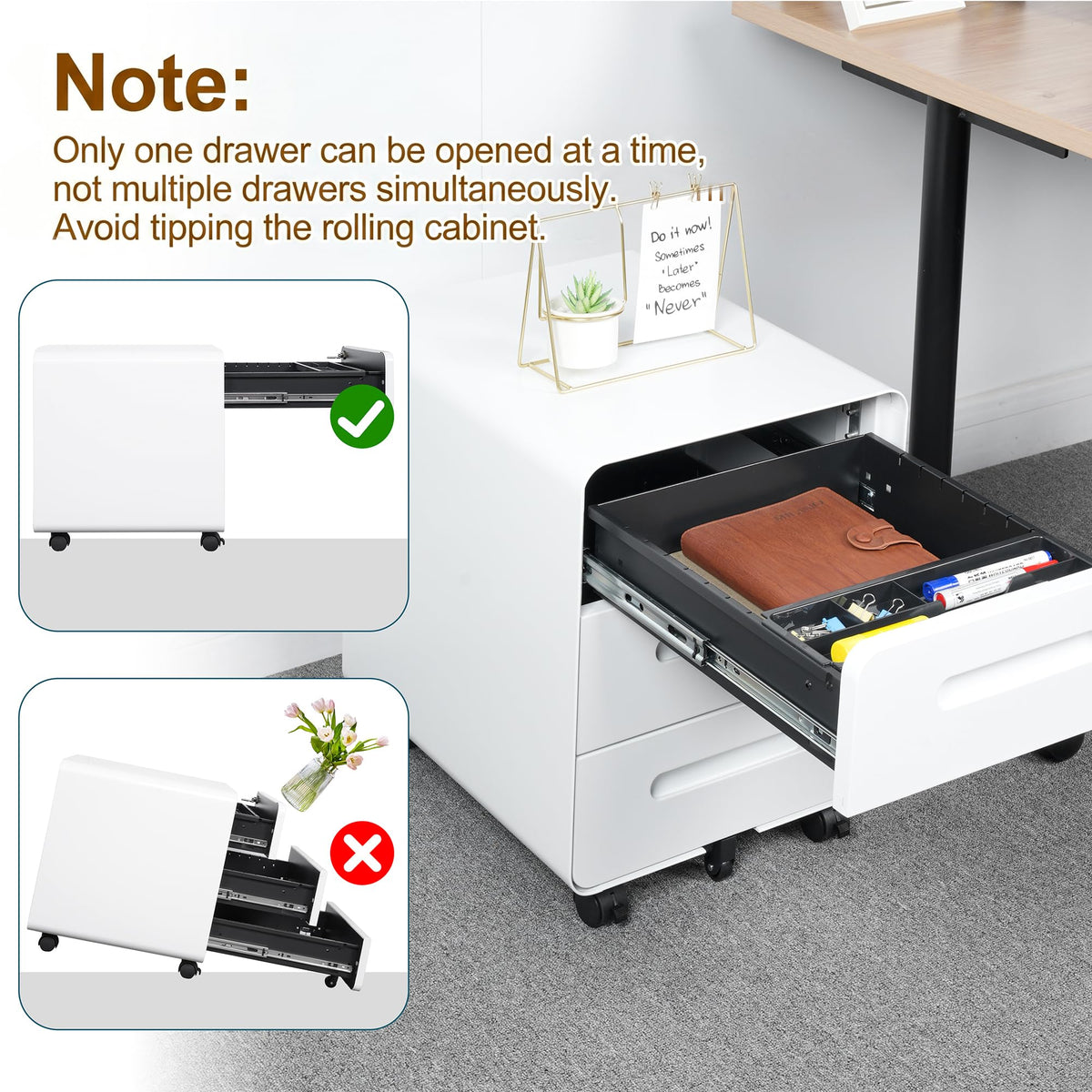 HOMSTEEL Mobile File Cabinet, Metal Filing Cabinet with Lock, 4 keys, 3 Drawers, Rounded Corner, Pre-assembled, for Office, Home office, White