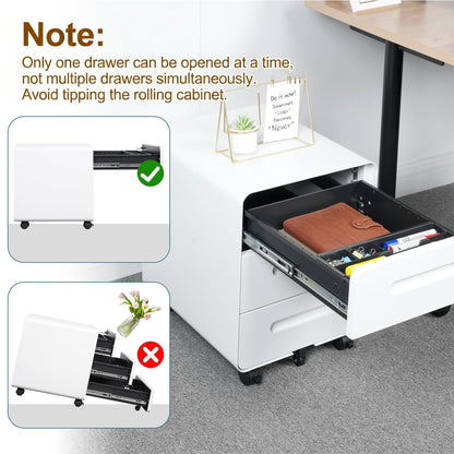 HOMSTEEL Mobile File Cabinet, Metal Filing Cabinet with Lock, 4 keys, 3 Drawers, Rounded Corner, Pre-assembled, for Office, Home office, White