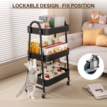 StowBin 3 Tier Metal Storage Trolley with Wheels – Rolling Utility Cart with Handle and Mesh Shelves for Kitchen, Bathroom, Office – Black