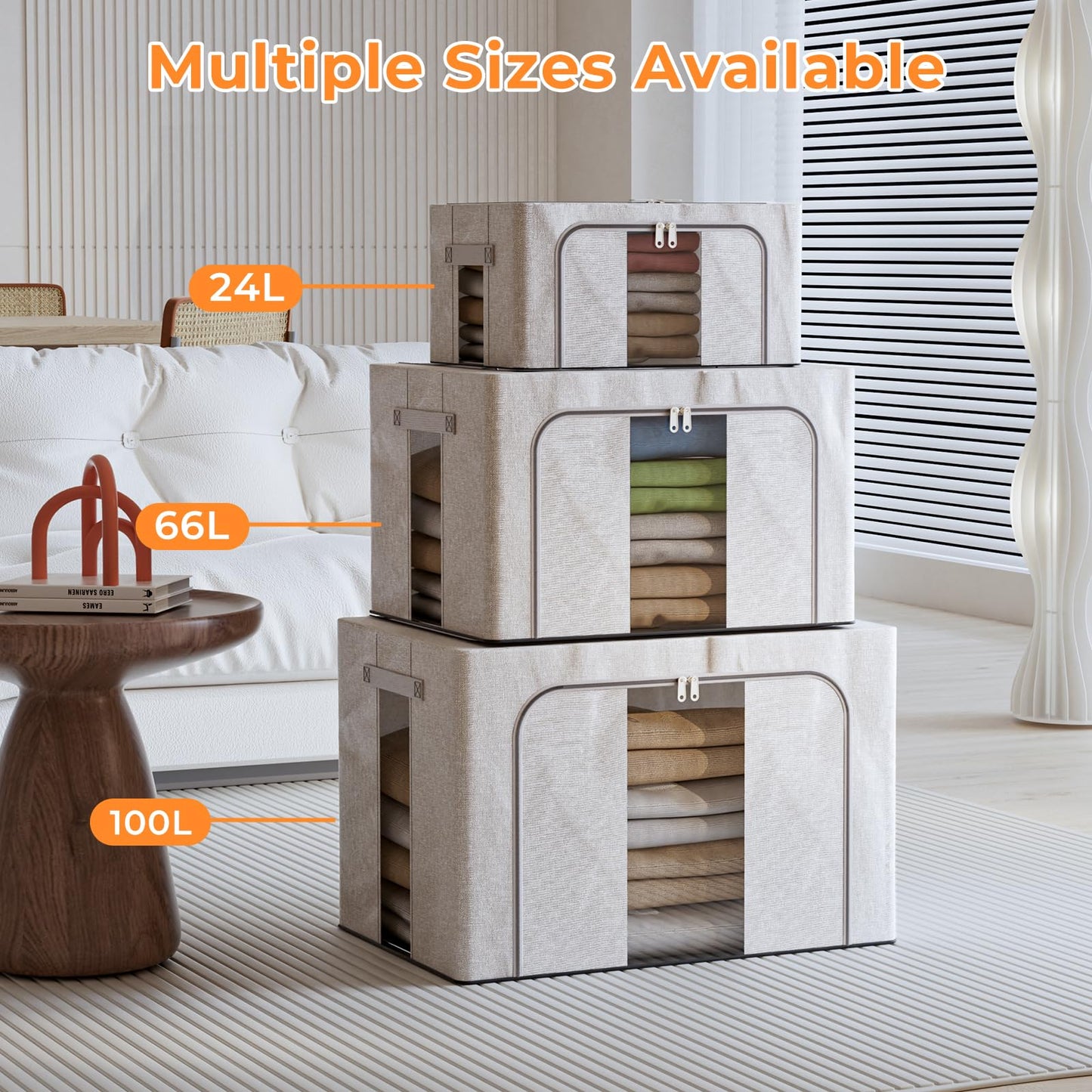 Boic 3 Pack Clothes Storage Boxes, 24L Clothes Organiser With Metal Frame, Foldable Clothes Storage Bag